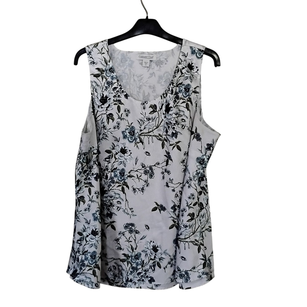 Coldwater Creek Womens 1X Floral Sleeveless Blouse Blue Black White Scoop Neck